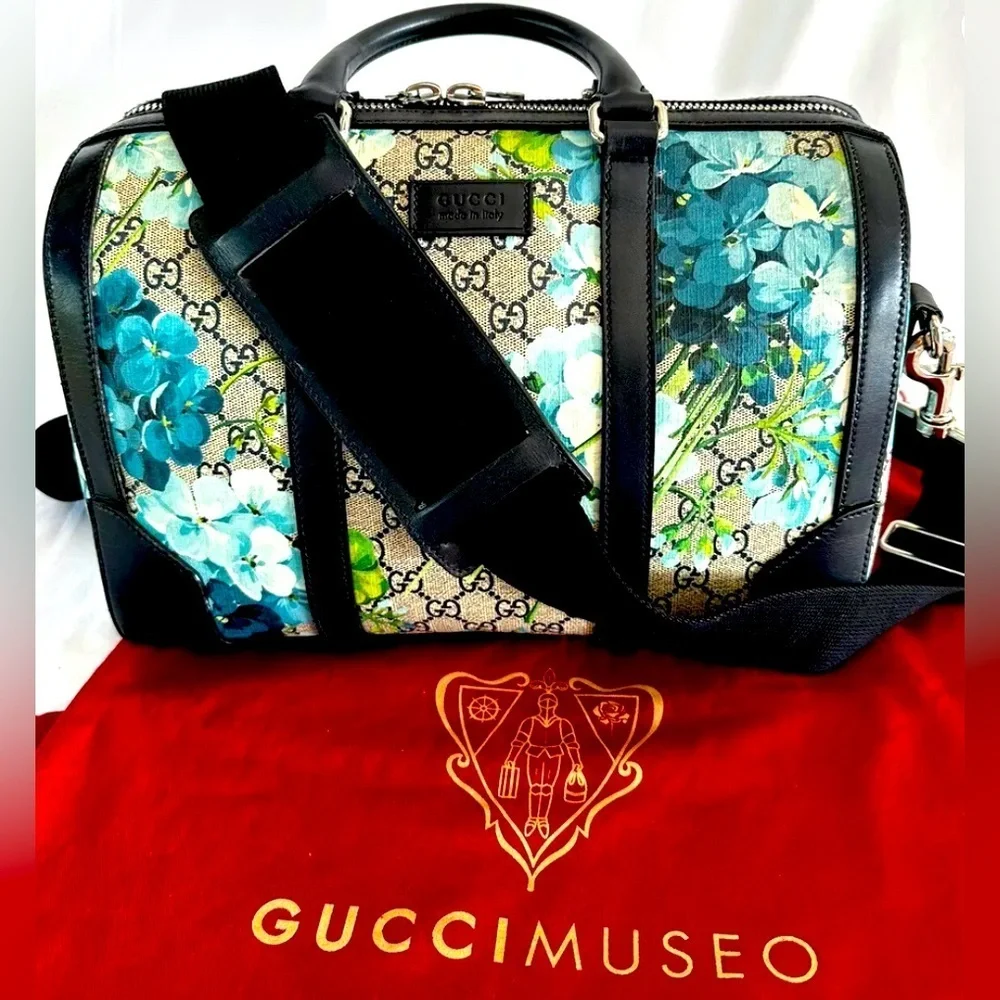 Gucci RARE! Supreme GG Large Signature Blue Blooms on Monogram Boston Satchel